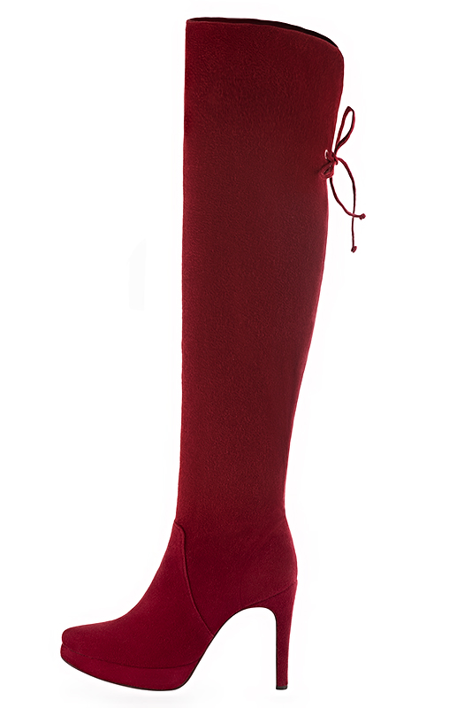 Burgundy red women's leather thigh-high boots. Tapered toe. Very high slim heel with a platform at the front. Made to measure. Profile view - Florence KOOIJMAN